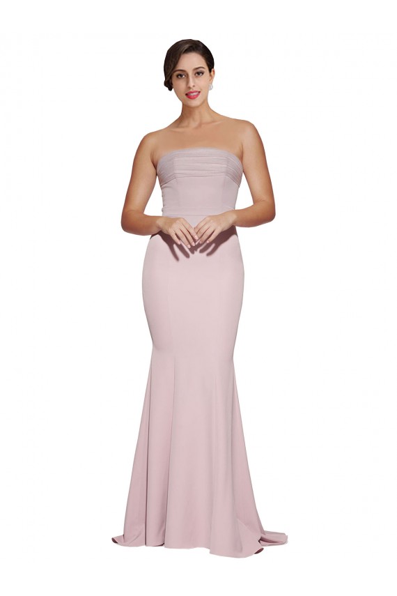 Straight Neck Long Strapless Crepe Bridesmaid Dress with Soft Tulle Overlay and Small Train