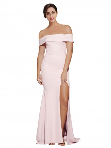 Cheap Off Shoulder Long Crepe Bridesmaid Dress with Straight Neckline and Side Split