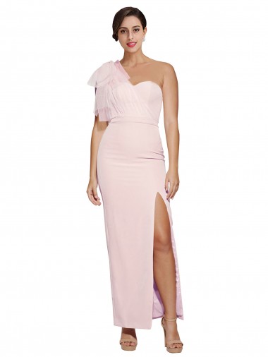 Cheap One Shoulder Tulle Overlay Sweetheart Neckline Long Crepe Bridesmaid Drss with Thigh Split