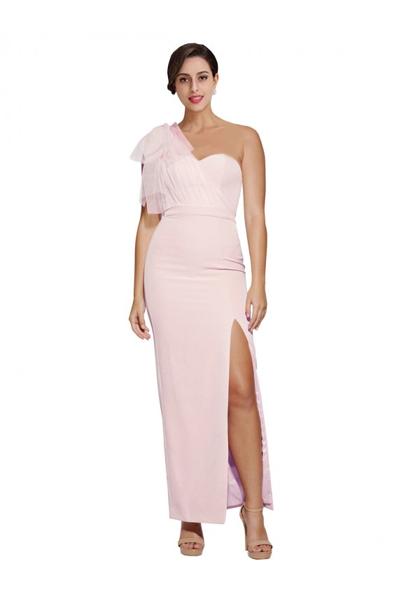 One Shoulder Tulle Overlay Sweetheart Neckline Long Crepe Bridesmaid Drss with Thigh Split