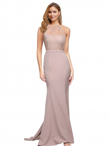 Cheap Long Sweetheart Crepe Bridesmaid Dress with High Neck Illusion Tulle Details