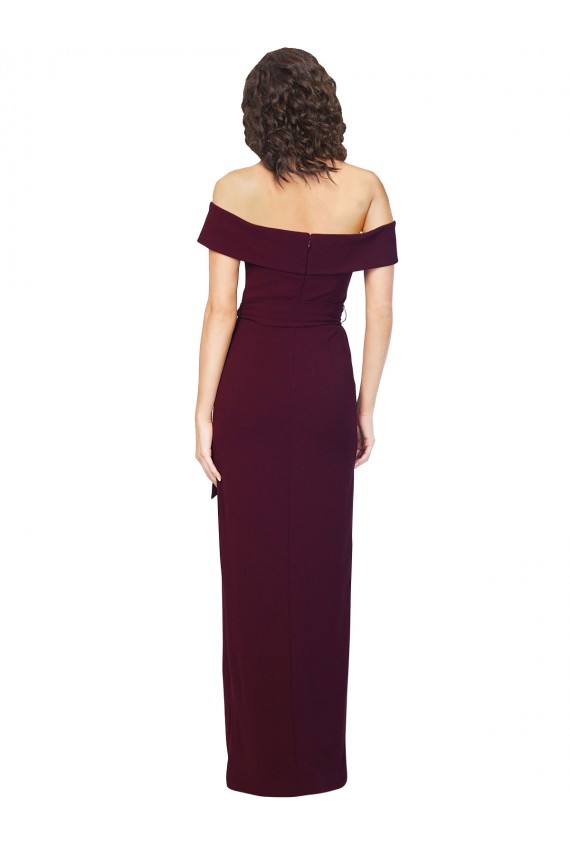 Fitted Full Length Off the Shoulder Crepe Bridesmaid Dress with Side Split and Waist Tie