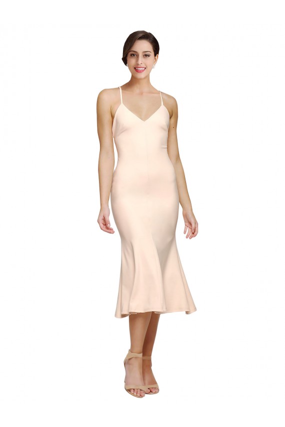 Midi Length V-Neckline Crepe Bridesmaid Dress with Thin Straps and Fulted Skirt