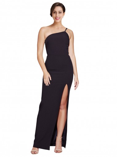 Cheap Long Floor Length Crepe Bridesmaid Dress with Side Split and One Strap