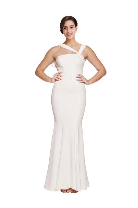 Full Length Square Neck Crepe Bridesmaid Dress with Asymmetrical Straps and Bow Back