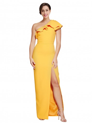 Cheap One Shoulder Floor Length Crepe Bridesmaid Dress with Thigh High Split