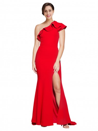 Cheap One Shoulder Long Sweep Train Crepe Bridesmaid Dress with Thigh High Split
