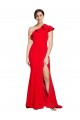 One Shoulder Long Sweep Train Crepe Bridesmaid Dress with Thigh High Split