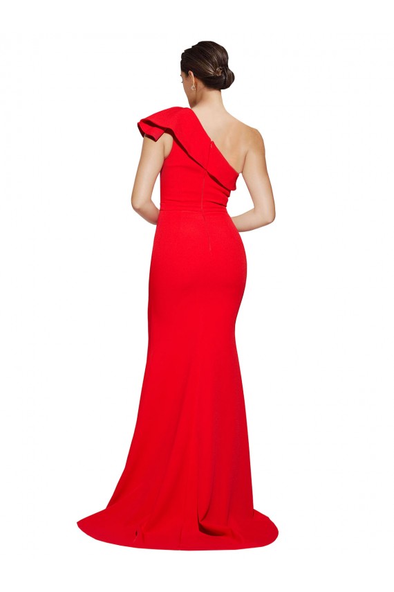 One Shoulder Long Sweep Train Crepe Bridesmaid Dress with Thigh High Split