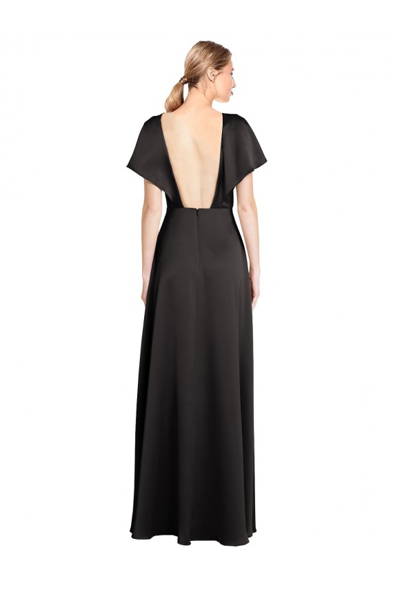 Cap Sleeves Open Back Long Stretch Satin Bridesmaid Dress