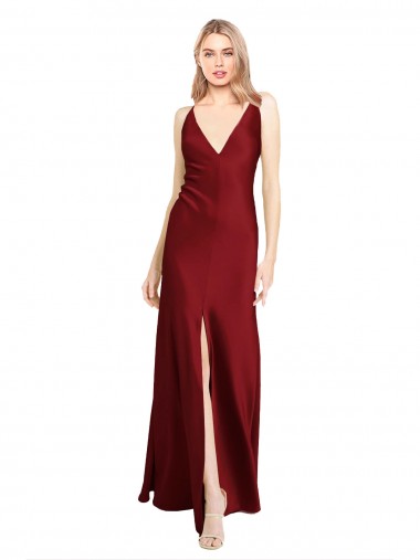 Cheap Floor Length Deep V-Back Stretch Satin Bridesmaid Dress with Front Slit