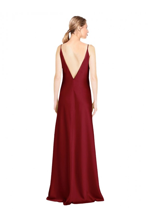 Floor Length Deep V-Back Stretch Satin Bridesmaid Dress with Front Slit