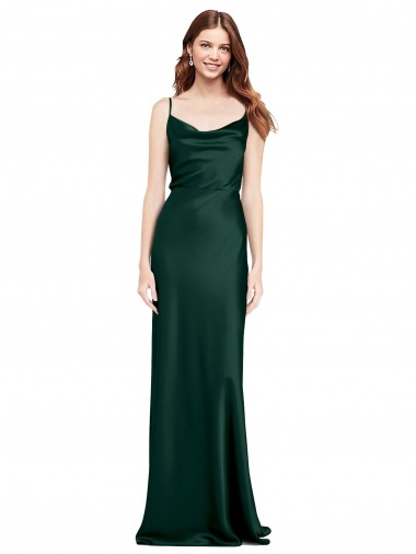 Cheap Fitted Cowl Neck Long Stretch Satin Slip Bridesmaid Dress with V-Back