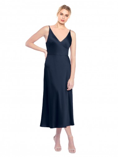 Cheap V-Neck Midi Length Short Stretch Satin Bridesmaid Dress V-Back
