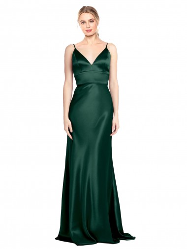 Cheap High V-Neck Long Full Length Sheath Stretch Satin Bridesmaid Dress