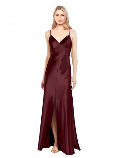 Cheap Sleek Spaghetti Straps V-Neck Stretch Satin Bridesmaid Dress with Center Front Slit