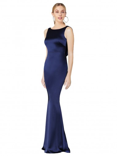 Cheap Sheath High Neck Stretch Satin Bridesmaid Dress Low Back