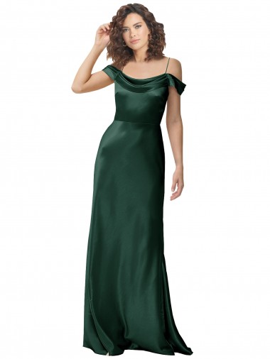 Cheap Off the Shoulder Sleeves Long Stretch Satin Bridesmaid Dress with Pleated Draped Neckline