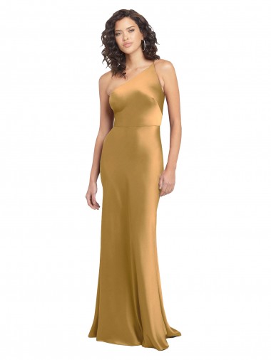 Cheap One Shoulder Long Floor Length Stretch Satin Slip Bridesmaid Dress