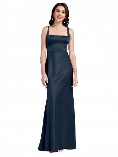 Cheap Square Neck A-Line Long Stretch Satin Bridesmaid Dress with Wide Straps