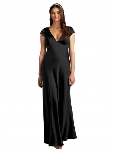 Cheap Plunging V-Neck Cap Cleeves Long Stretch Satin Bridesmaid Dress with Keyhole Back