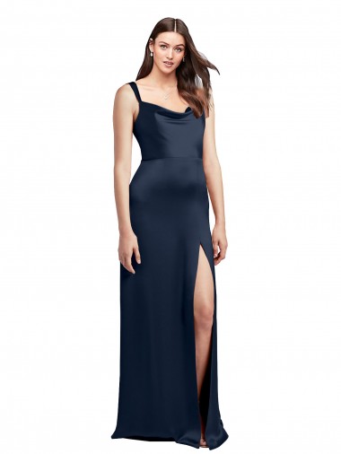 Cheap Cowl Neck Soft Long Stretch Satin Bridesmaid Dress with Side Slit and Pleated Straps