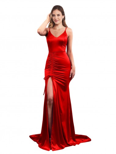 Cheap Long Pleated Stretch Satin Bridesmaid Dress with High Slit