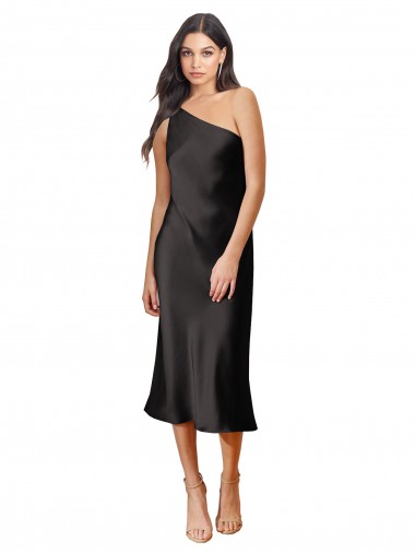Cheap Sleek One Shoulder Midi Length Short Stretch Satin Slip Bridesmaid Dress