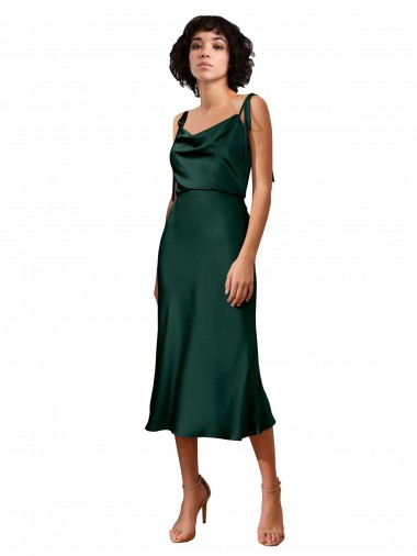 Cheap Spaghetti Straps Tie Shoulders Cowl Neck Short Midi Length Stretch Satin Bridesmaid Dress
