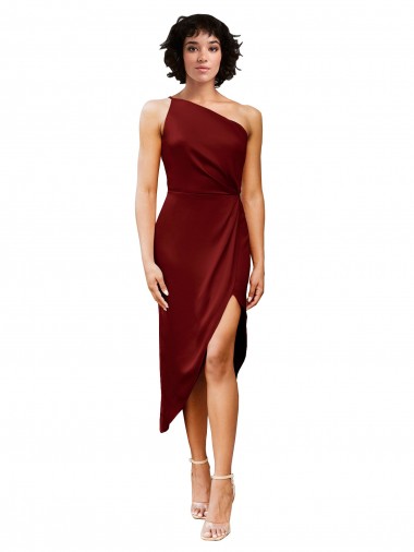 Cheap One Shoulder Midi Length Short Stretch Satin Wrap Style Bridesmaid Dress