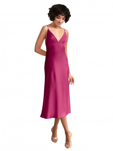 Cheap Midi Length V-Neck Short Stretch Satin Bridesmaid Dress with Low Scoop Back