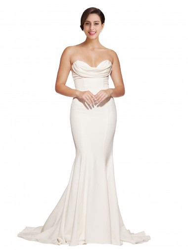 Cheap Strapless Cowl Neck Sweep Train Stretch Satin Bridesmaid Dress