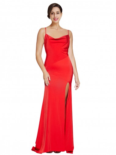 Cheap Low Back Cowl Neck Stretch Satin Bridesmaid Dress with High Side Slit