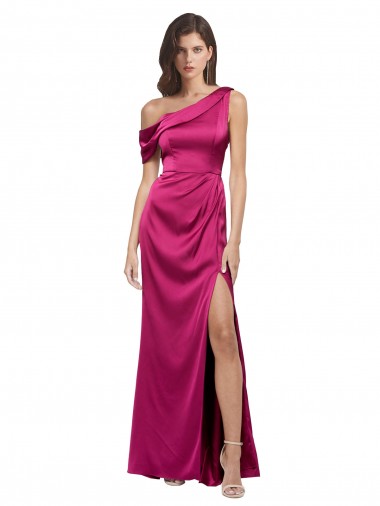 Cheap Off the Shoulder Short Sleeves Stretch Satin Bridesmaid Dress with Side Slit