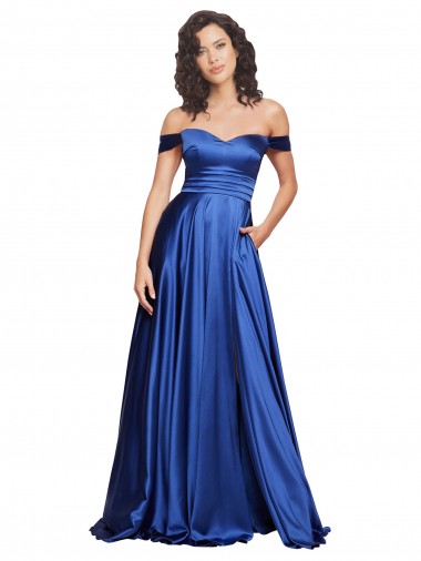 Cheap Off the Shoulder Sweetheart Stretch Satin Ball Gown Bridesmaid Dress