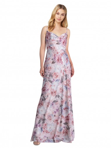 Cheap Draped Cowl Neck Long Printed Stretch Satin Bridesmaid Dress