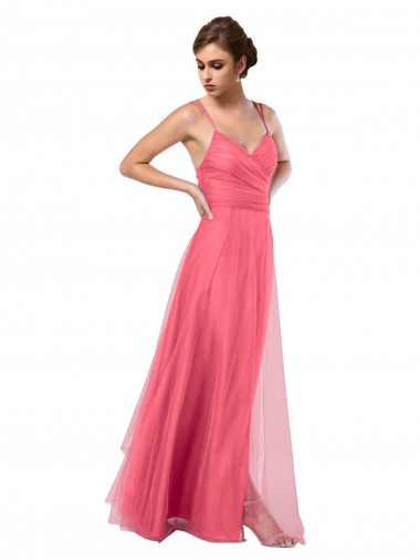 Cheap Flowy A-Line Tulle Bridesmaid Dress with Double Straps and V-Neck