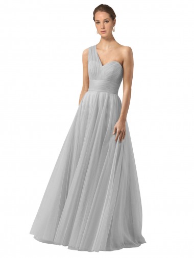 Cheap Floor Length Tulle Bridesmaid Dress with Shirred One Shoulder Bodice