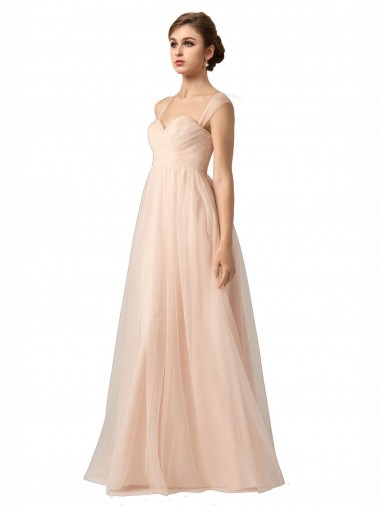 Cheap Illusion Sleeves Tulle Bridesmaid Dress with Shirred Bodice and Sweetheart Neckline