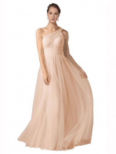 Cheap Illusion One Shoulder Tulle Bridesmaid Dress with Shirred Bodice