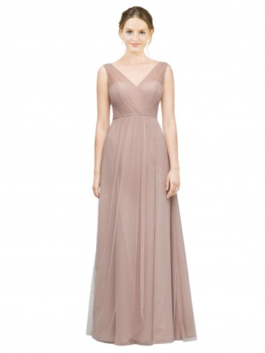 Cheap Full Length Draped Long V-Neck Tulle Bridesmaid Dress