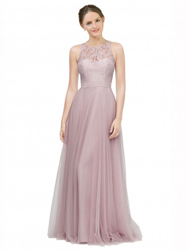 Cheap High Neck Long Tulle Bridesmaid Dress with Lace Bodice