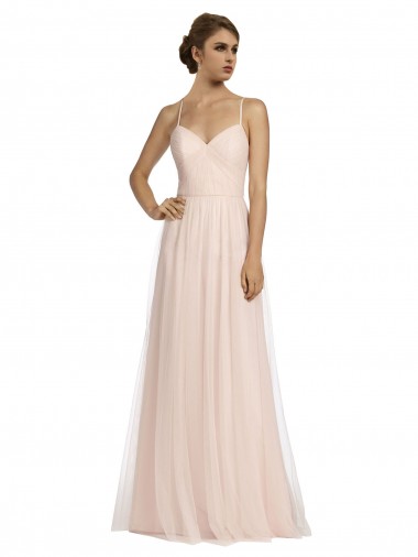 Cheap Long Draped Back A-Line Tulle Bridesmaid Dress with Pleated Bodice
