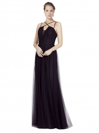 Cheap High Neck Long A-Line Tulle Bridesmaid Dress