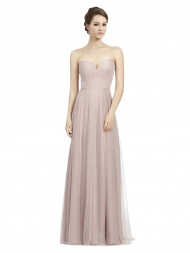 Cheap Long Strapless Tulle Bridesmaid Dress with Pleated Bodice