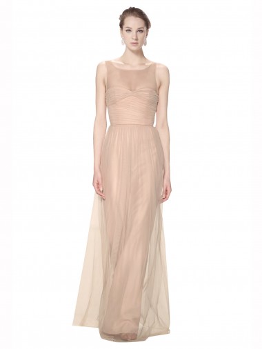 Cheap Long Tulle Bridesmaid Dress with Illusion Neck