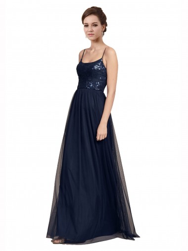 Cheap Spaghetti Strap Tulle Bridesmaids Dress with Ballerina Neckline