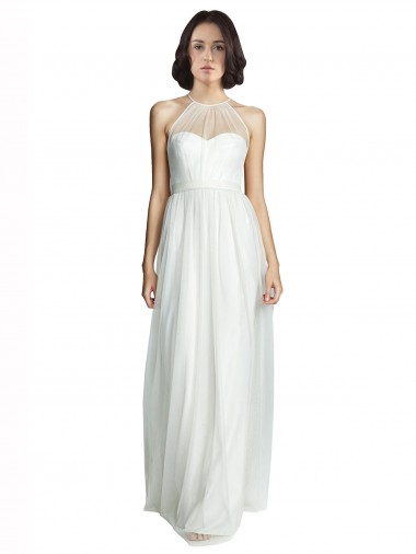 Cheap High Neckline Long Tulle Bridesmaid Dress with Illusion Front