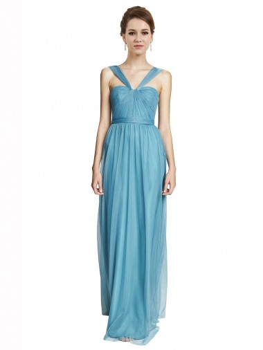 Cheap Floor Length Inverted V-Neck Tulle Bridesmaids Dress