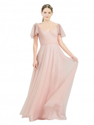 Cheap Long V-Neck Flutter Sleeves Tulle Bridesmaid Dress